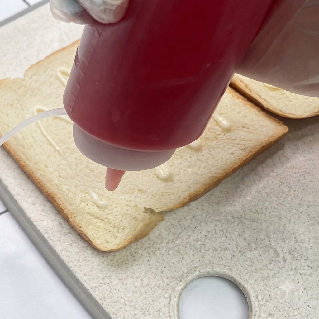 Aderezo para ensalada y kétchup aplicados en un patrón de zigzag sobre una rebanada de pan blanco.