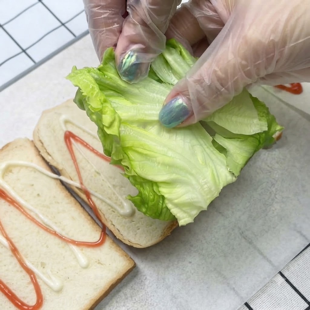 Manos con guantes colocando una hoja de lechuga verde fresca sobre una rebanada de pan cubierta con salsa.