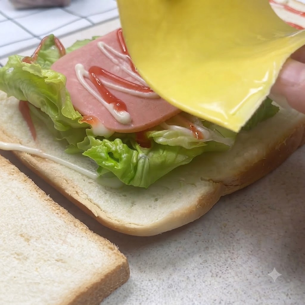 Una rebanada de queso amarillo colocada sobre el jamón en una estación de armado de sándwiches con aderezo.
