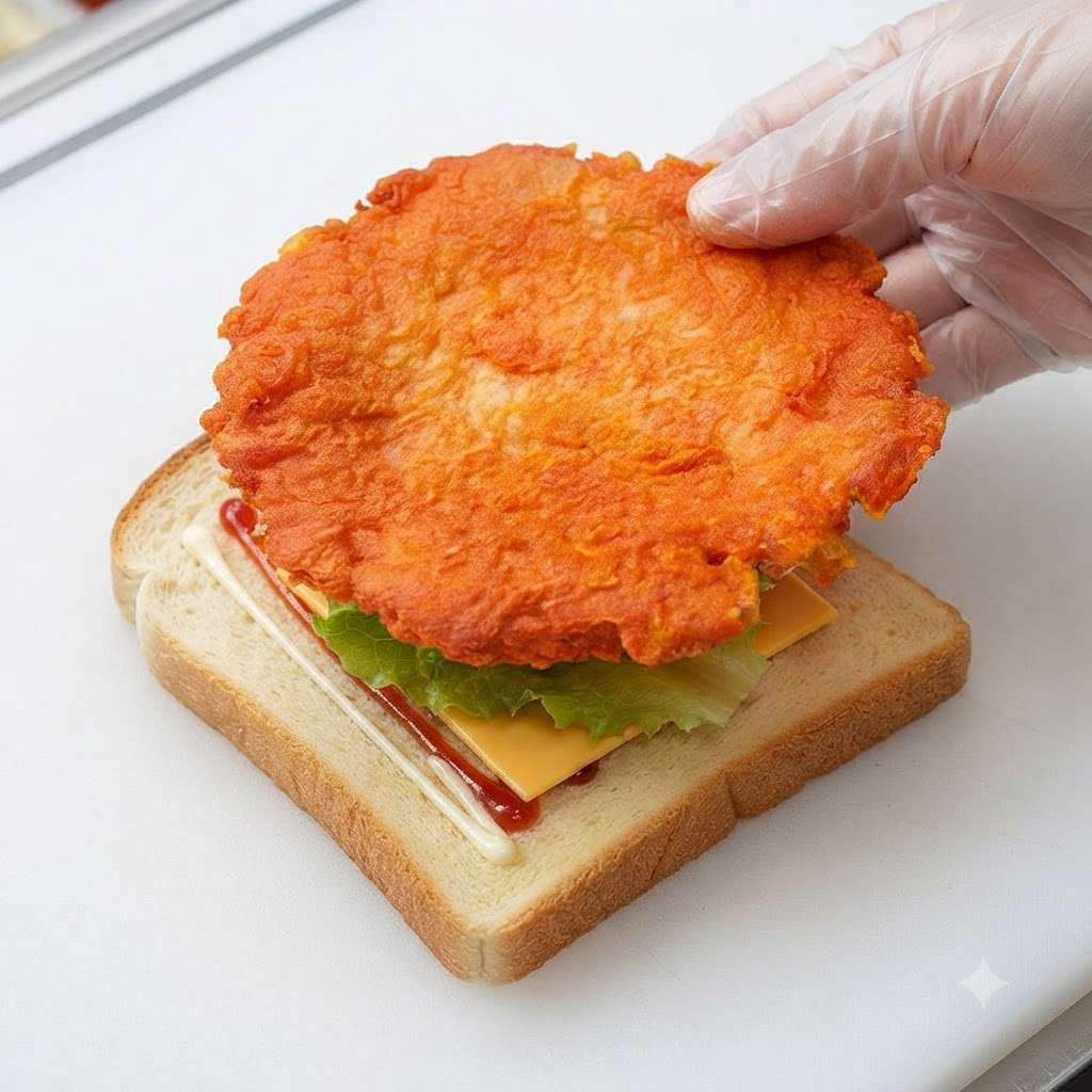 Una milanesa de pollo al estilo Orleans colocada sobre una rebanada de queso amarillo y pan.