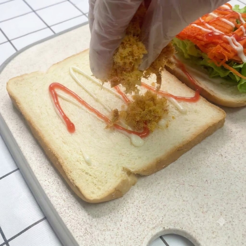Hilos de carne esparcidos de manera uniforme sobre una rebanada de pan blanco cubierta de salsa.