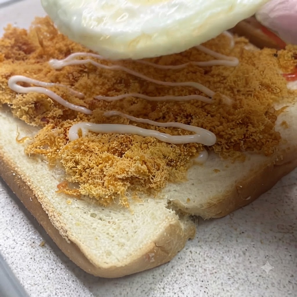 Un huevo frito bajando sobre una capa de hilos de carne con aderezo rociado en el pan de sándwich.