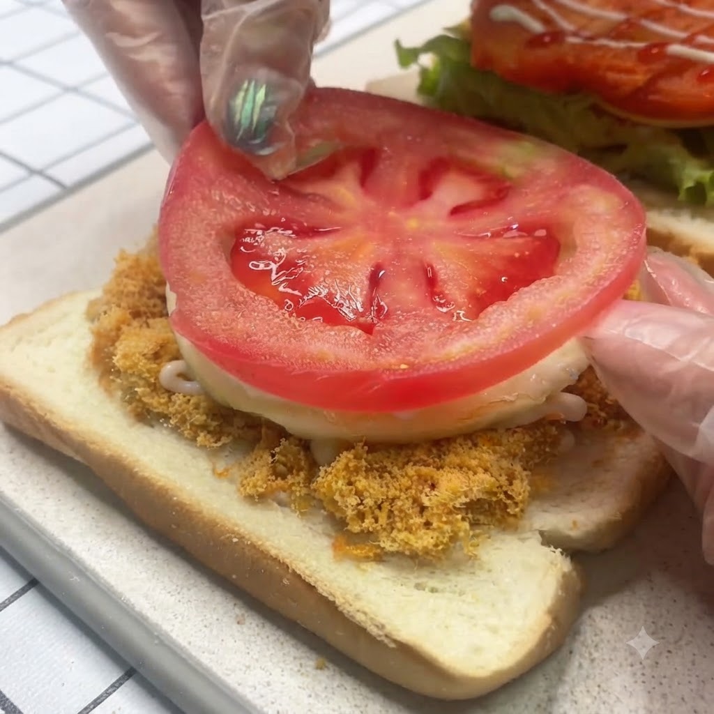 Una rodaja de tomate fresco colocada sobre un huevo frito en una pila de sándwich.