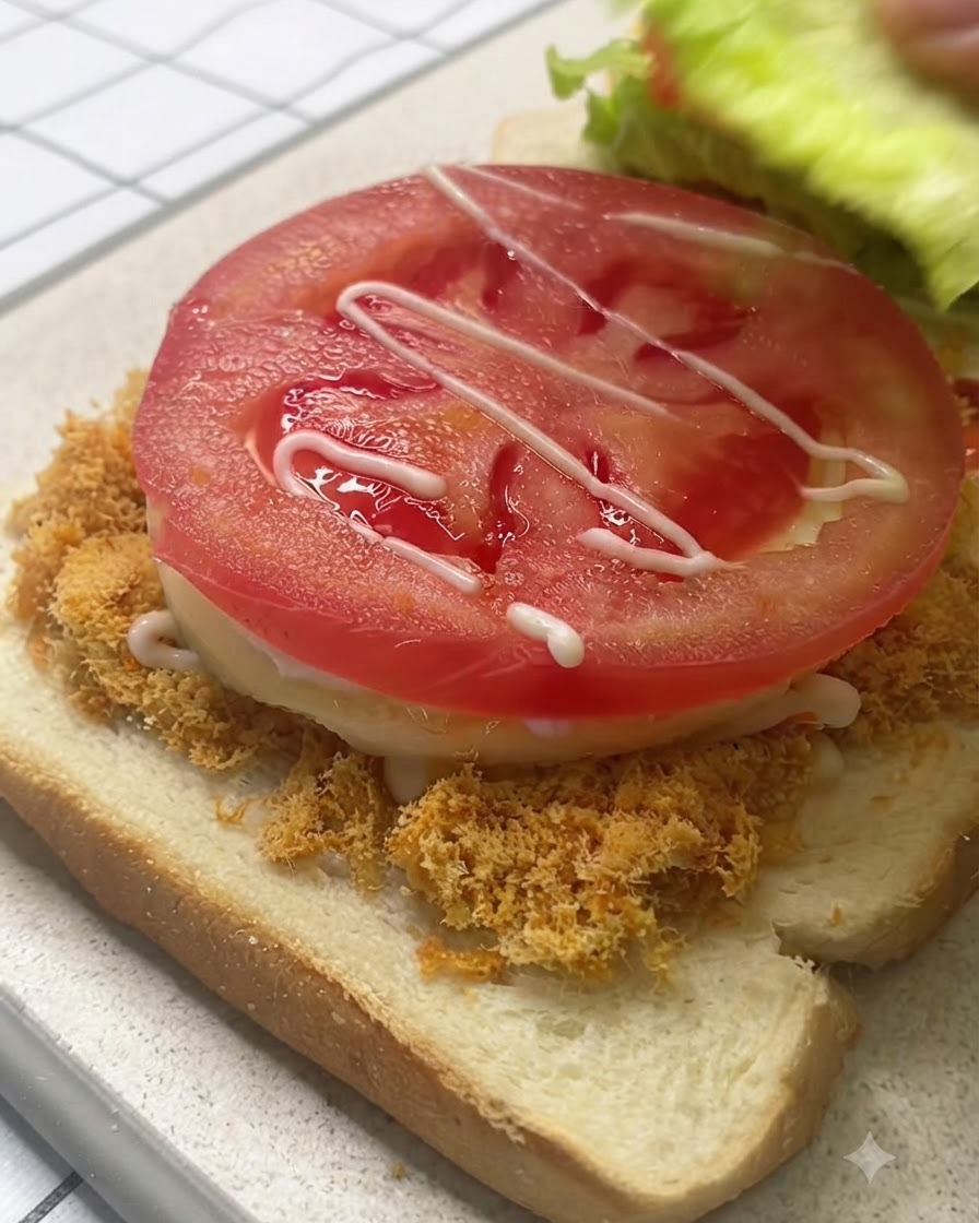 Una hoja de lechuga fresca colocada sobre una rodaja de tomate en un sándwich cargado listo para cerrar.