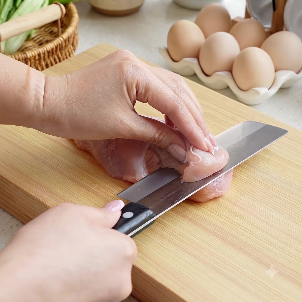 Un cuchillo afilado cortando un trozo de pechuga de pollo cruda en tiras finas sobre una tabla de madera.