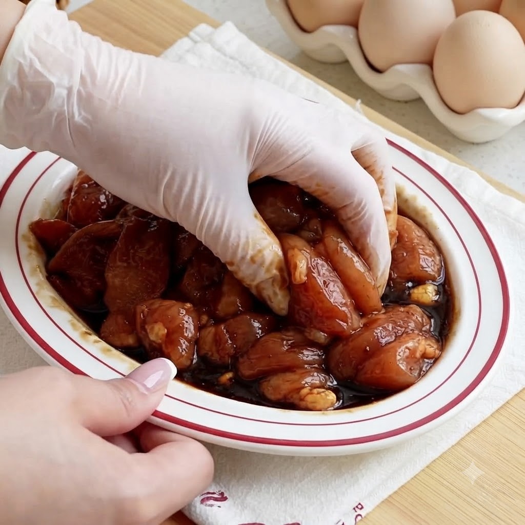 Manos con guantes mezclando y masajeando tiras de pollo sazonadas dentro de un plato blanco.