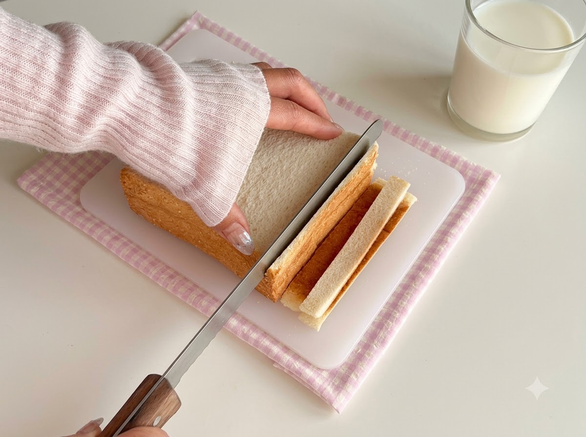 Rebanadas de pan blanco siendo recortadas con un cuchillo sobre una tabla de cortar.