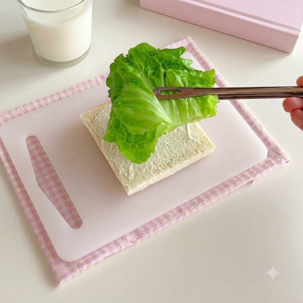 Hojas de lechuga verde fresca siendo colocadas sobre una rebanada de pan blanco con salsa usando palillos de metal.