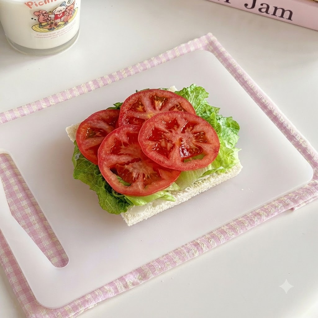 Una rebanada de pan siendo colocada encima de los vegetales en capas.