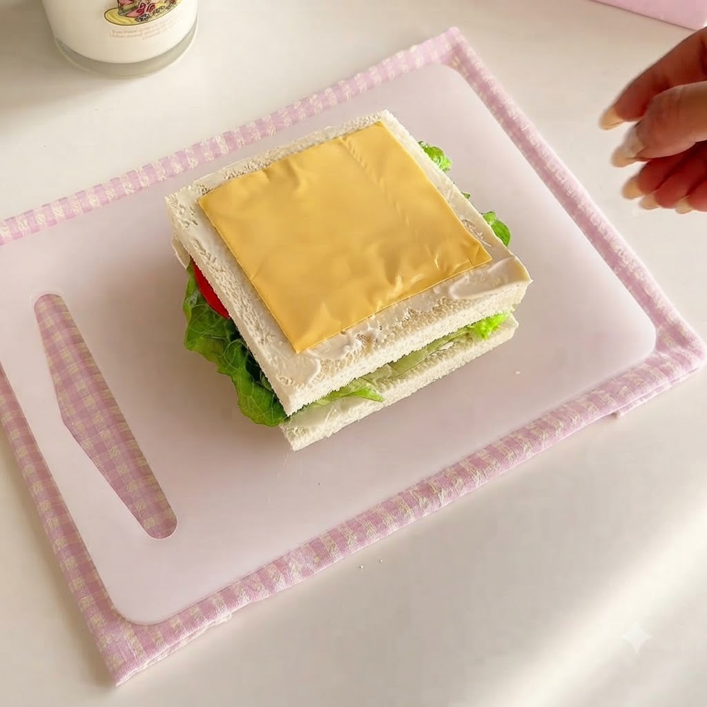 Una rebanada cuadrada de queso amarillo colocada ordenadamente sobre las capas del sándwich ensamblado.