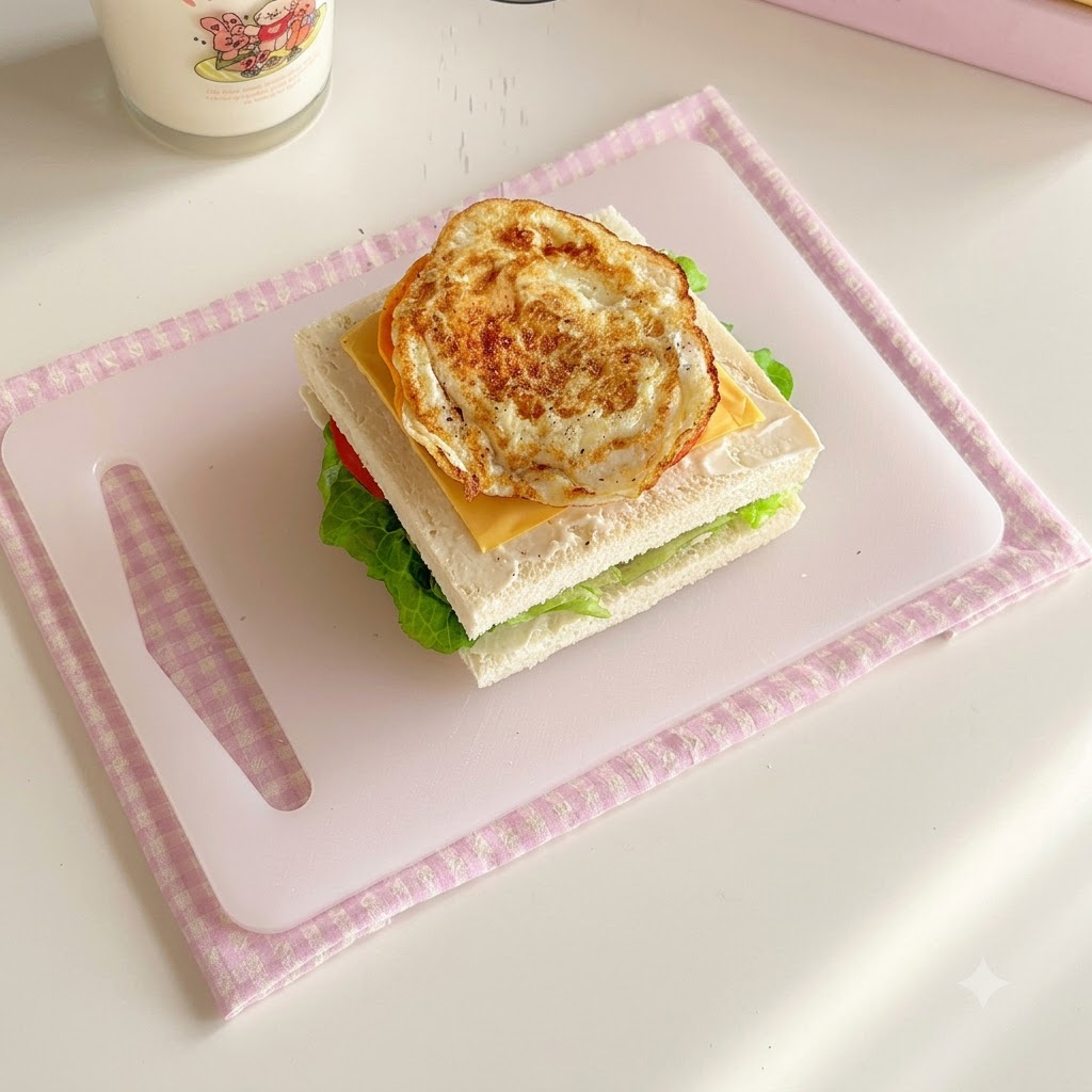 Un huevo frito descansando sobre las capas del sándwich con pimienta negra recién molida espolvoreada encima.