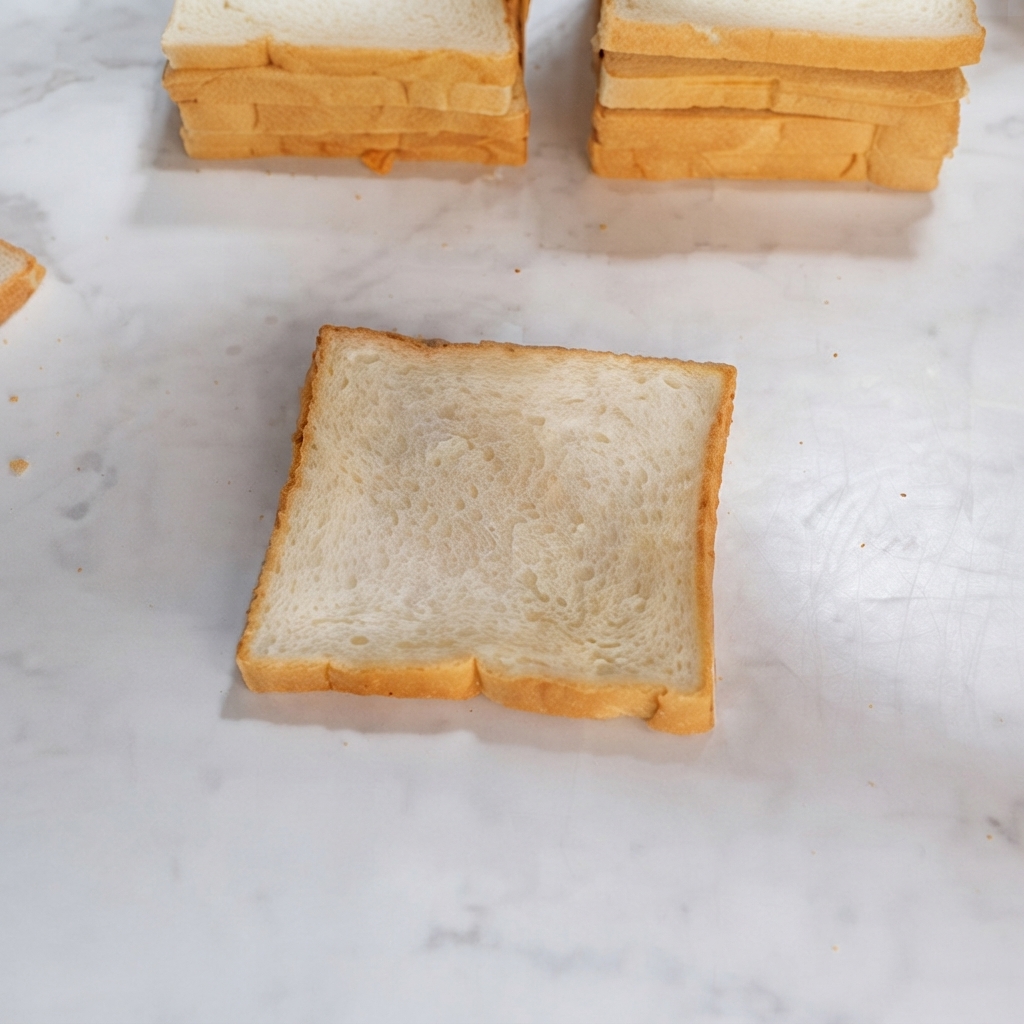 Primer plano de una rebanada de pan blanco con líneas en zigzag de aderezo de mayonesa aplicadas sobre ella.