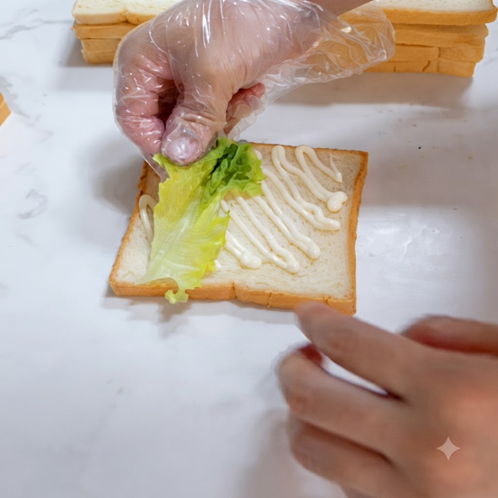 Manos con guantes colocando cuidadosamente una hoja de lechuga verde fresca sobre la rebanada de pan con aderezo.
