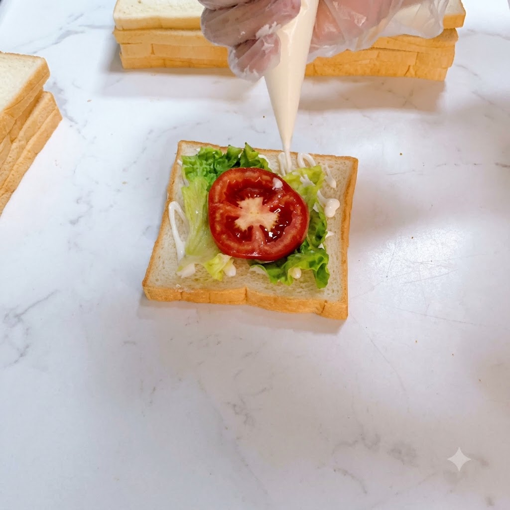 Aderezo para ensalada exprimiéndose desde una manga pastelera sobre una rodaja de tomate rojo situada sobre la lechuga.