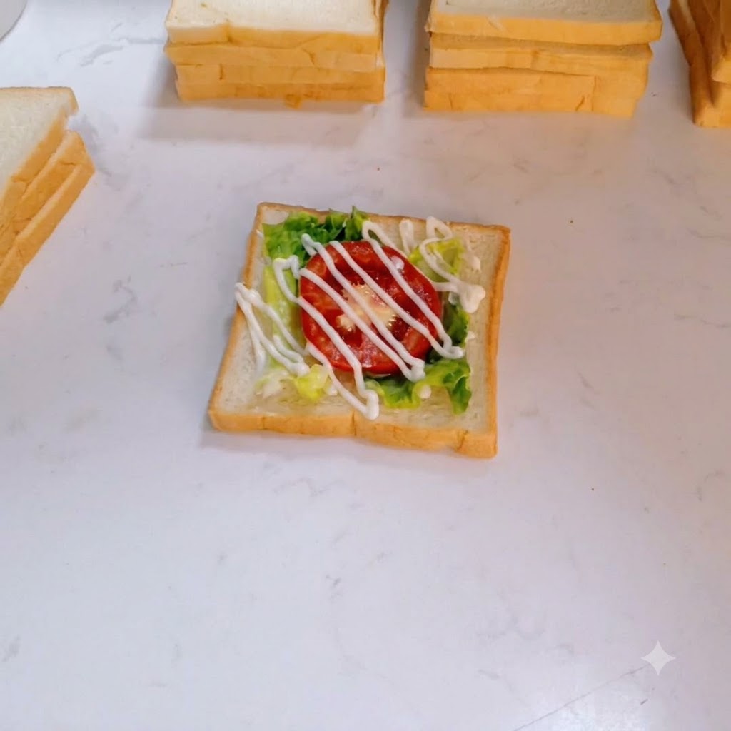 Un puñado de carne desmenuzada y esponjosa esparciéndose sobre la capa de verduras con aderezo.