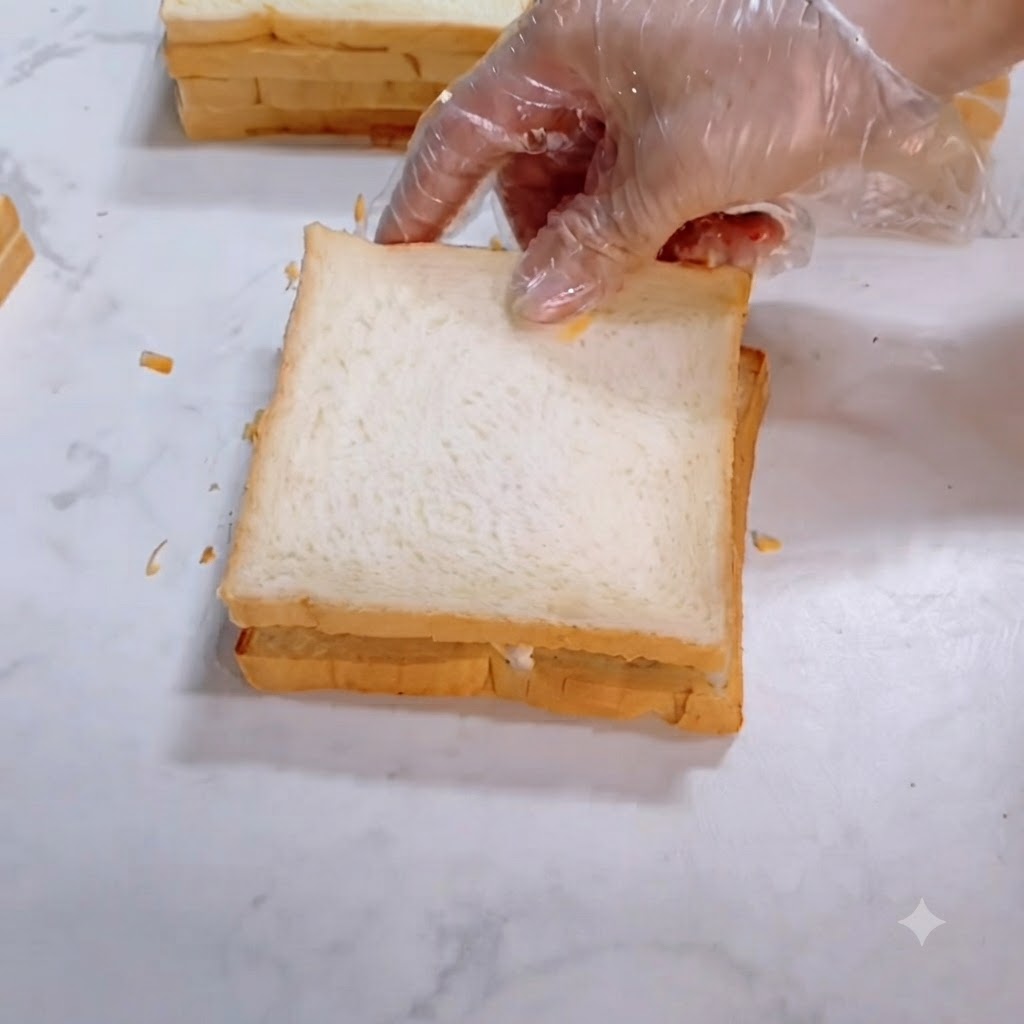 Una mano con guante presionando suavemente una segunda rebanada de pan tostado sobre el relleno del sándwich.