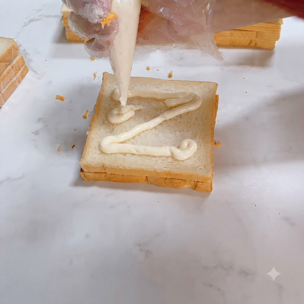 Aderezo exprimido en patrón de zigzag sobre una pieza de pan para sándwich.