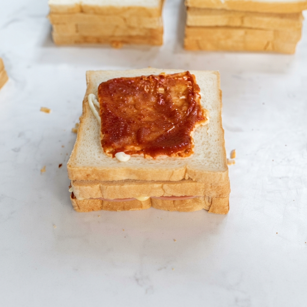 Aderezo aplicado en líneas en zigzag sobre una pechuga de pollo marinada estilo Orlean en pan de capas.