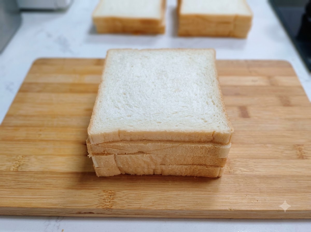 Un sándwich multicapa ensamblado sobre una tabla de cortar de madera listo para ser recortado.