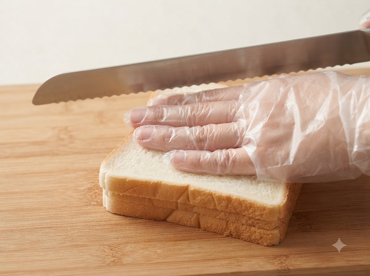 Una mano enguantada sosteniendo un cuchillo de sierra para recortar las esquinas de un sándwich apilado.