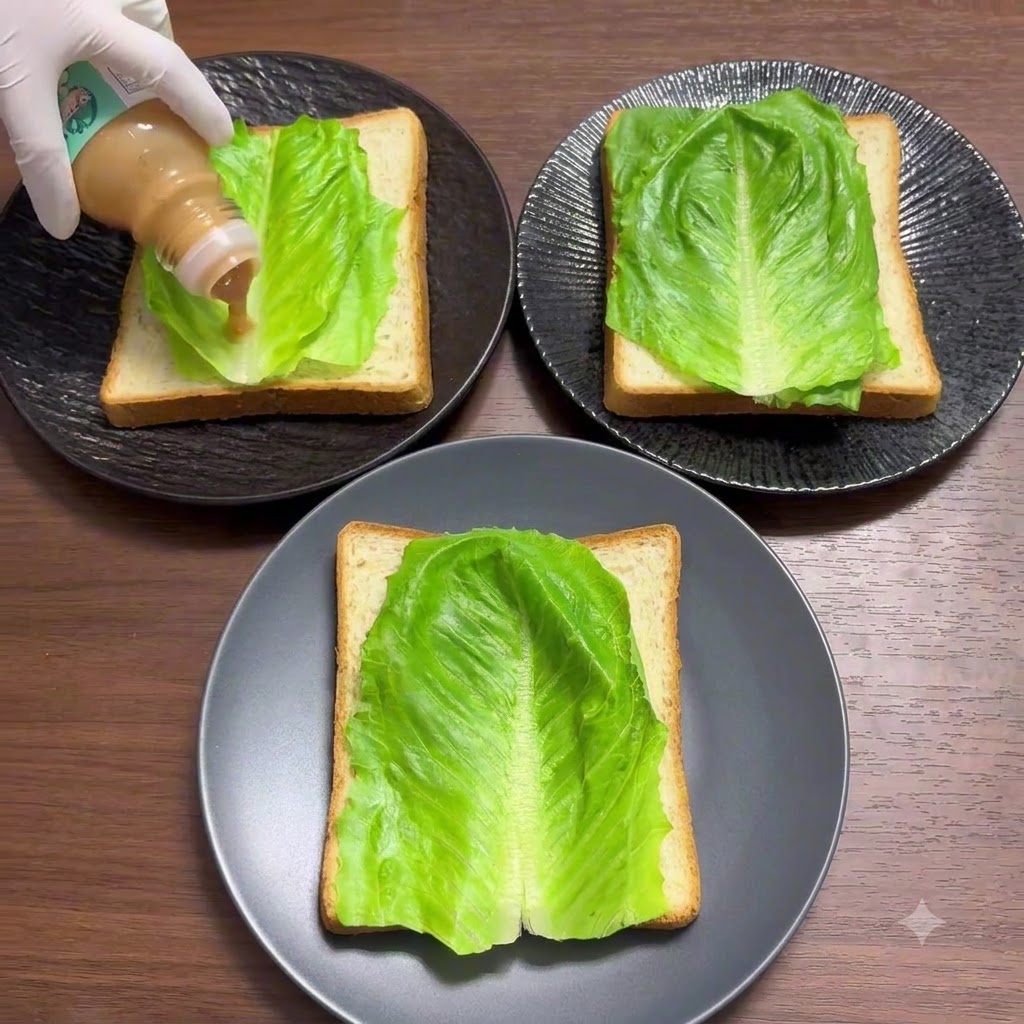Una mano con guante exprimiendo aderezo para ensaladas sin grasa de una botella sobre la capa de lechuga de un sándwich.