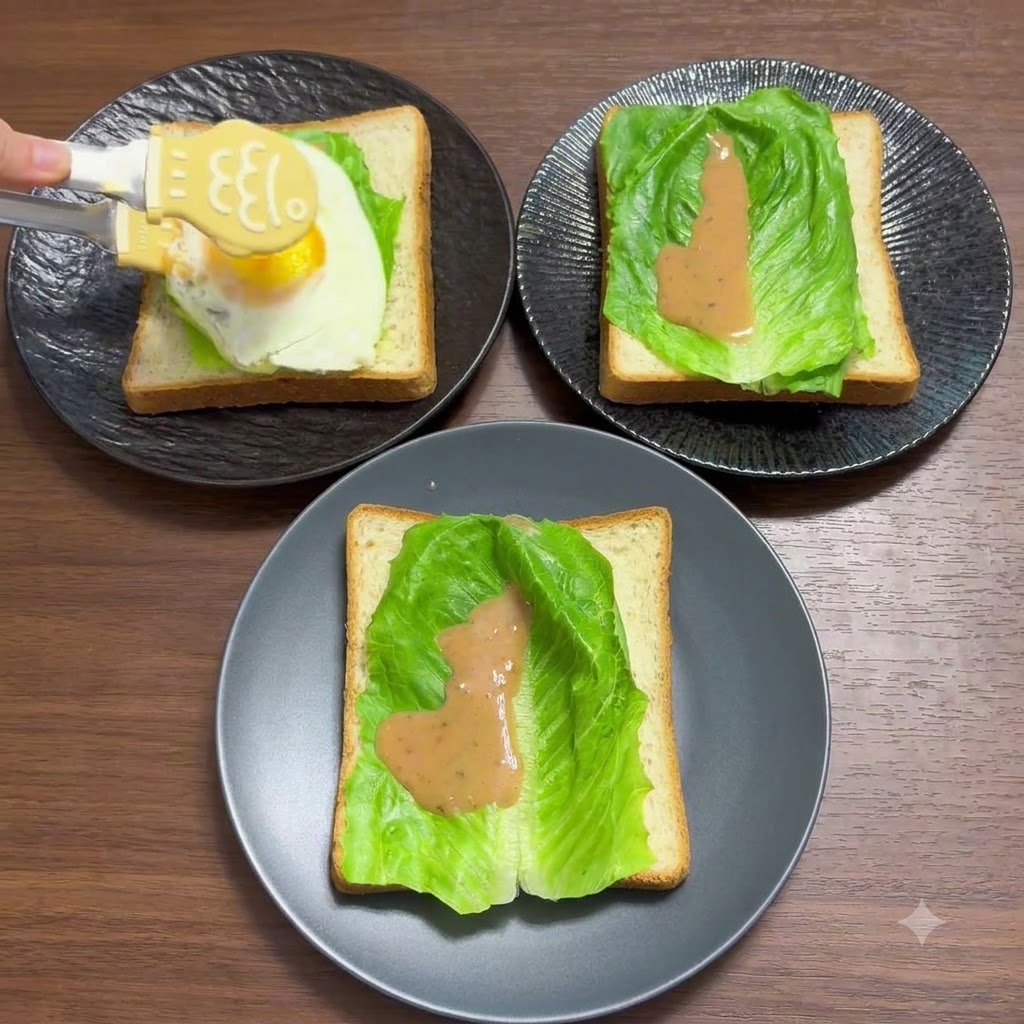 Un par de pinzas de cocina amarillas colocando un huevo cocido jugoso sobre la capa de lechuga y aderezo.