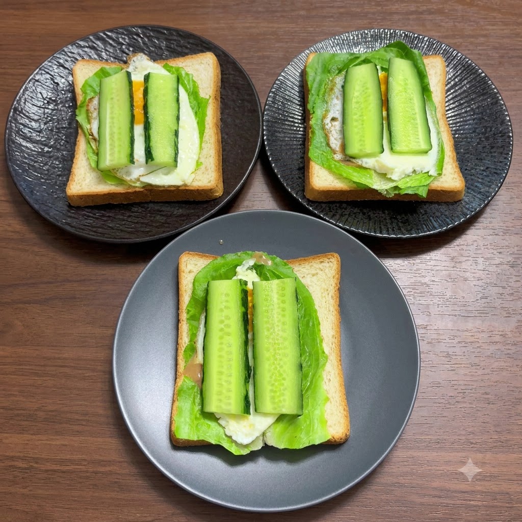 Tres rebanadas de pan integral preparadas con lechuga, un huevo frito y rodajas de pepino.
