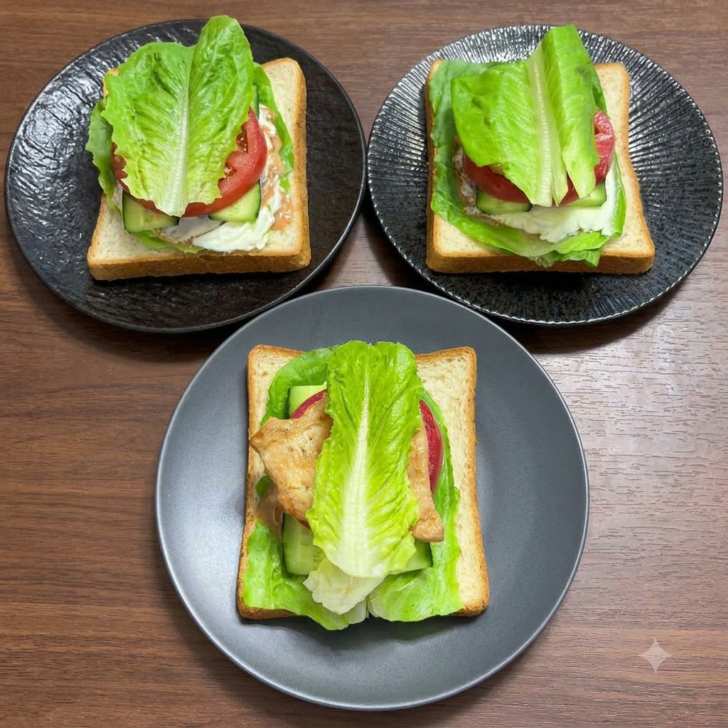Sándwiches cubiertos con una capa final de hojas de lechuga fresca.