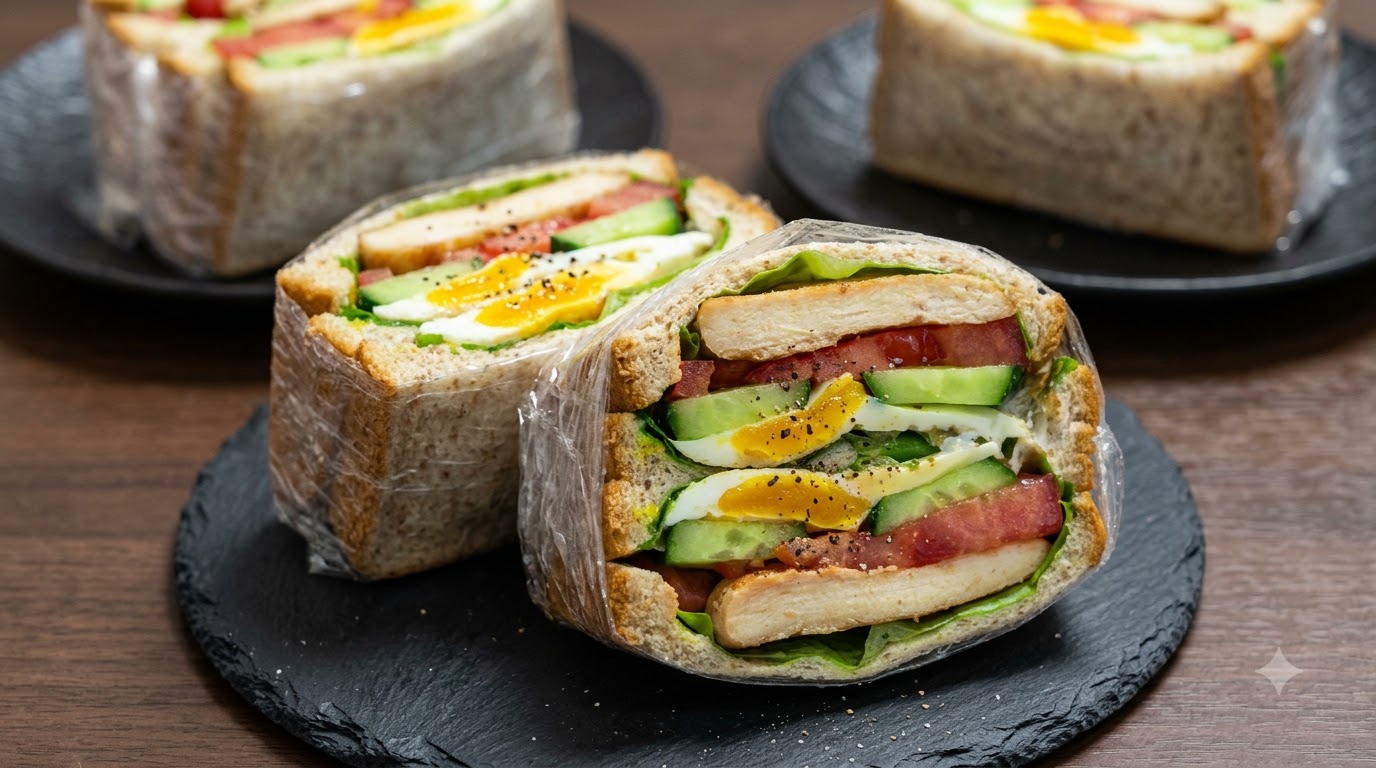 Dos sándwiches de pollo cortados por la mitad y envueltos en film transparente sobre un plato oscuro, mostrando capas de pan integral, lechuga, pepino, tomate, huevo y pechuga de pollo.