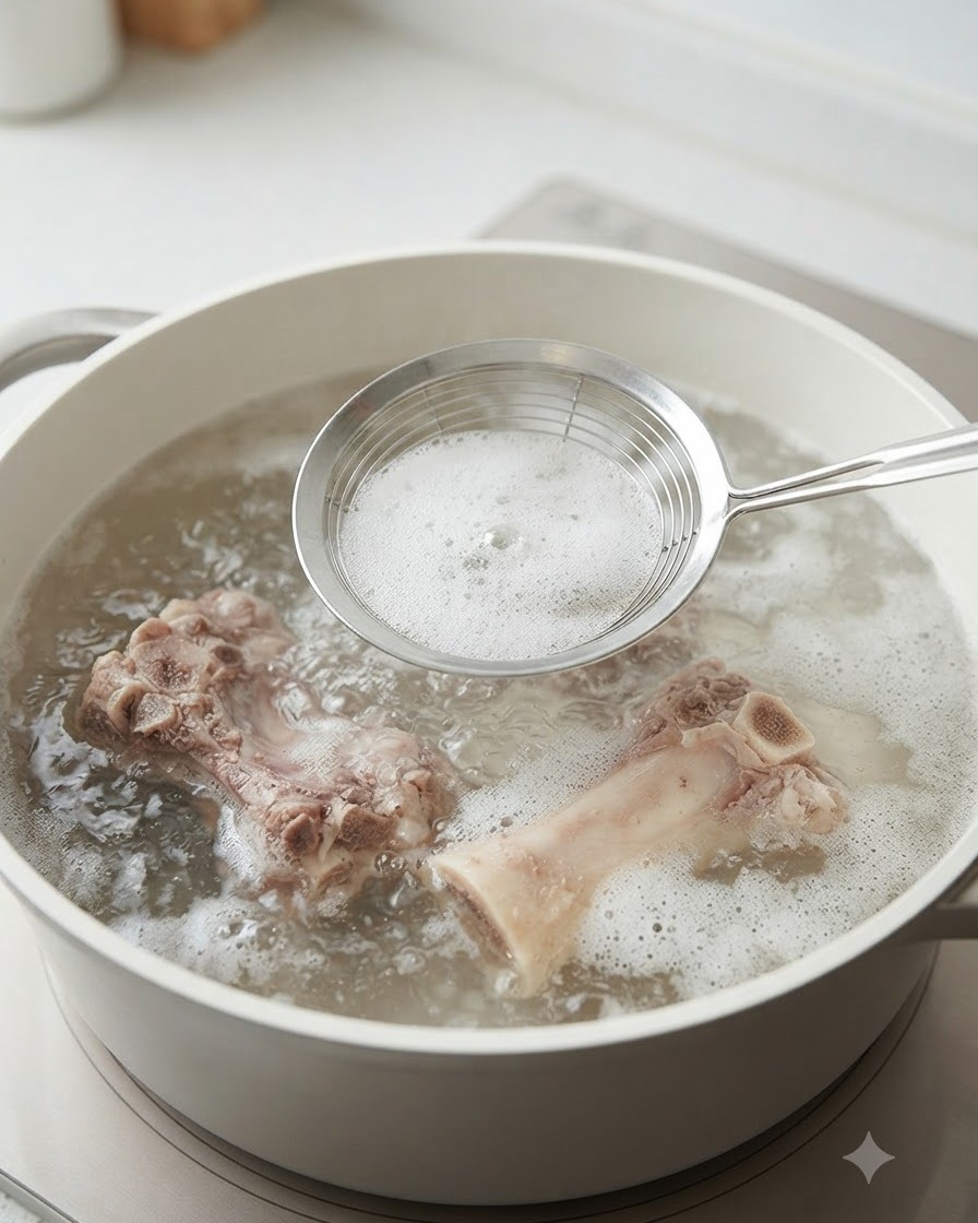 Una espumadera de malla metálica retirando la espuma del agua hirviendo con costillas de cerdo en una olla blanca.