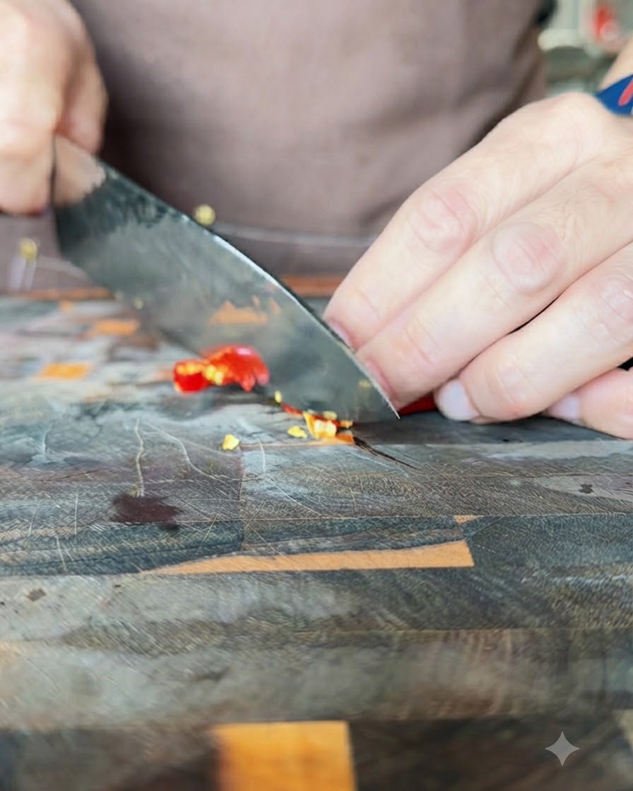 Un cuchillo de cocina rebanando chiles rojos y verdes vibrantes en una tabla de madera.