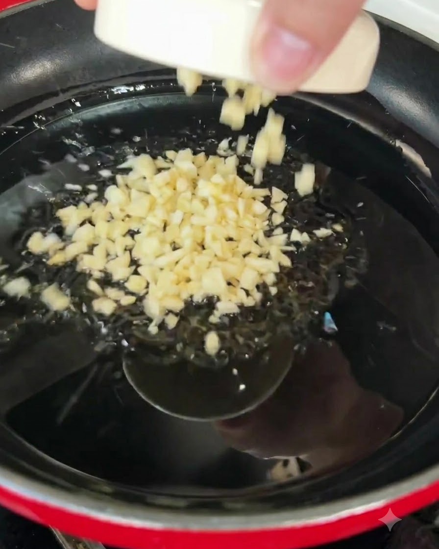Ajo picado chisporroteando en aceite de oliva caliente dentro de una sartén.