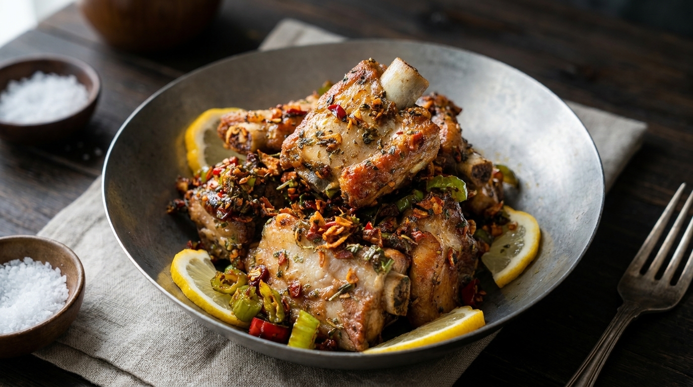 Costillas de cerdo al ajillo al estilo español decoradas con rodajas de limón, láminas de ajo tostado y chiles