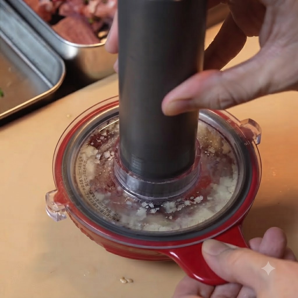 Dientes de ajo picados dentro de un mini procesador de alimentos eléctrico con mango rojo sobre una tabla de cortar de madera.