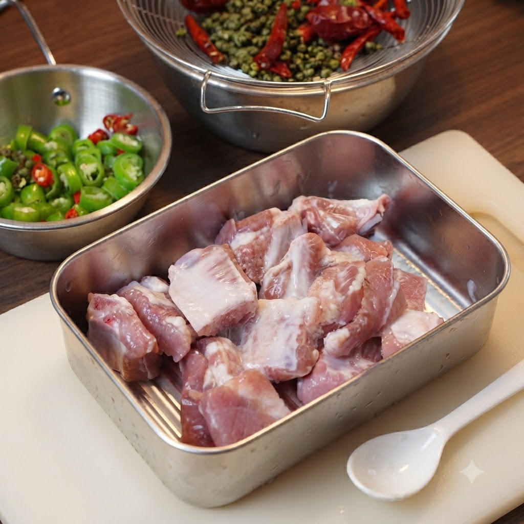 Trozo de costilla de cerdo cruda en una bandeja de metal siendo cubierta con almidón de maíz junto a cuencos de pimientos cortados.