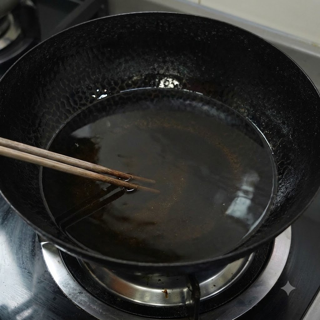 Un wok negro grande lleno de aceite caliente y palillos de madera reposando dentro durante el proceso de fritura profunda.