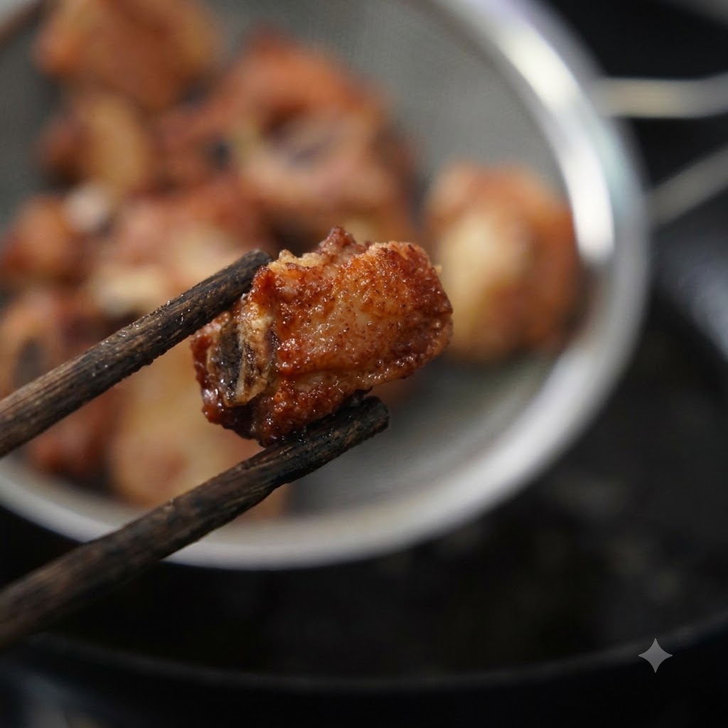 Un trozo crujiente de costilla de cerdo frita sostenido con palillos de madera con un colador de costillas fritas en el fondo difuminado.