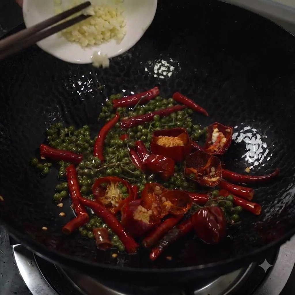 Ajo picado añadido desde un pequeño plato blanco a un wok caliente que contiene pimientas verdes y chiles secos.