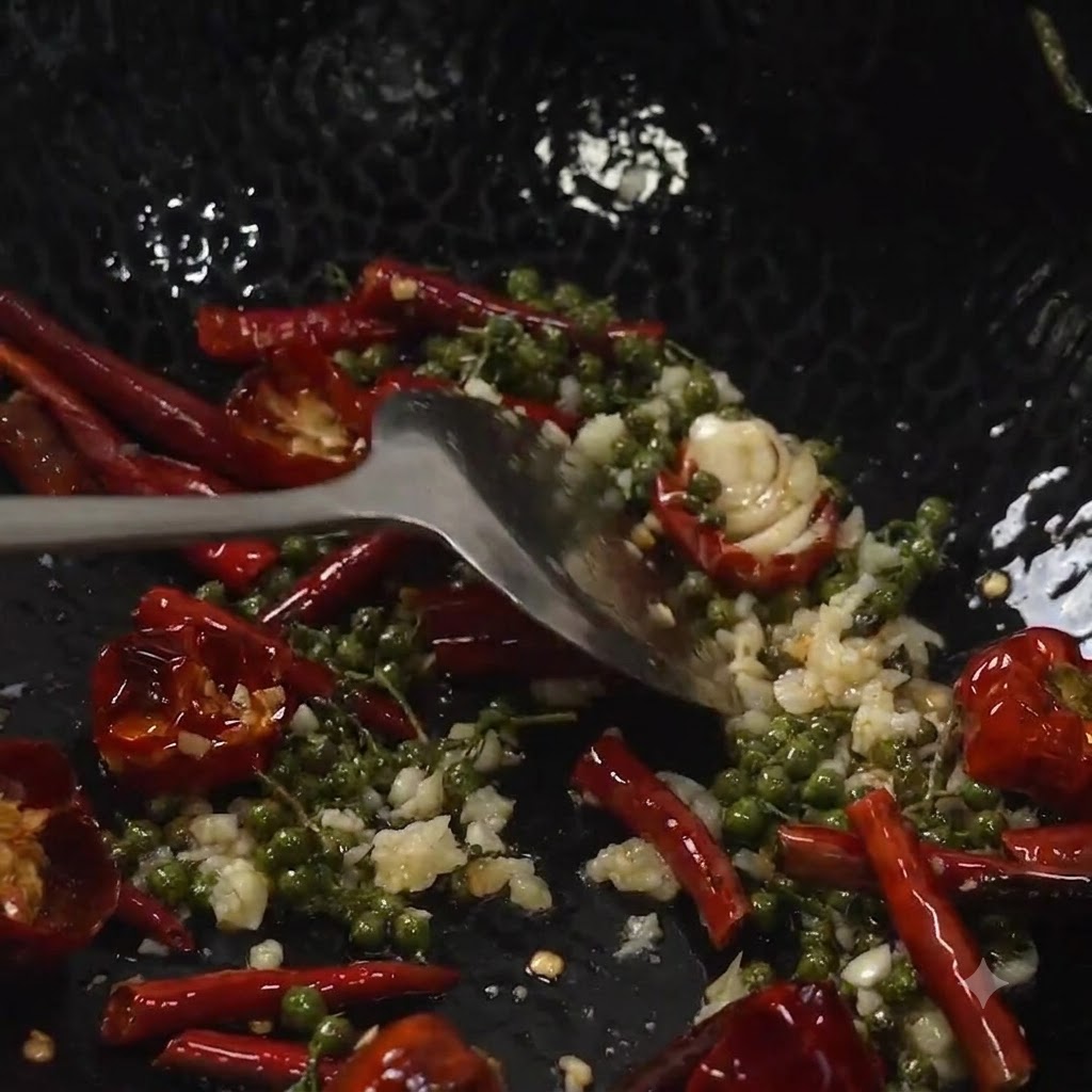 Una espátula de metal mezclando costillas de cerdo fritas junto con pimientas verdes, chiles rojos secos y ajo picado en un wok.