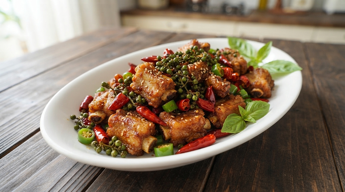 Costillas de Cerdo al Estilo Sichuan Fritas en Seco con Pimienta Verde