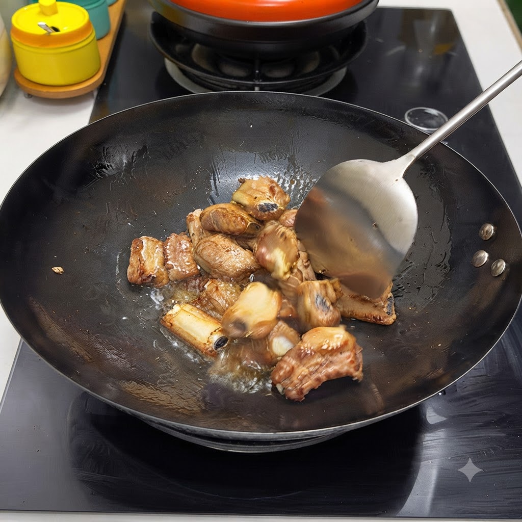 Costillas de cerdo salteándose en un wok usando una espátula de metal.