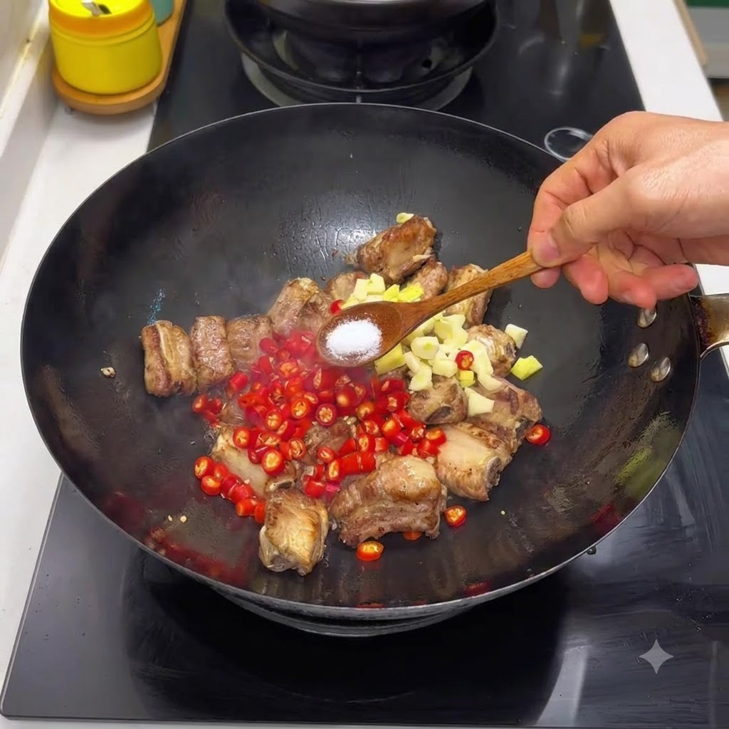 Una cucharada de sal siendo añadida a las costillas de cerdo en un wok junto con chiles rojos picados y ajo.