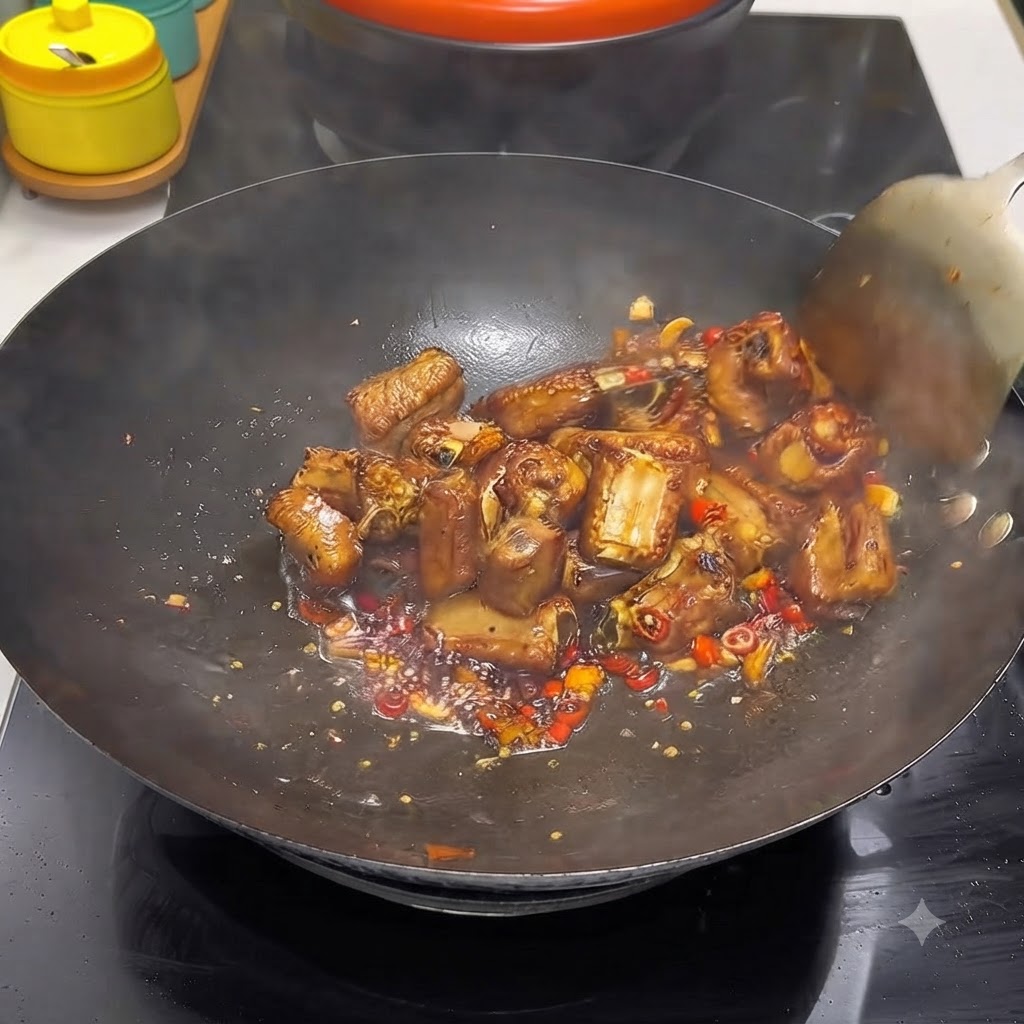 Costillas de cerdo sazonadas cociéndose a fuego lento en líquido dentro de un wok siendo revueltas con una espátula.