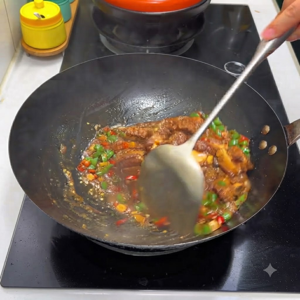 Revuelve las costillas de cerdo mezcladas con chiles verdes y rojos y salsa en un wok.