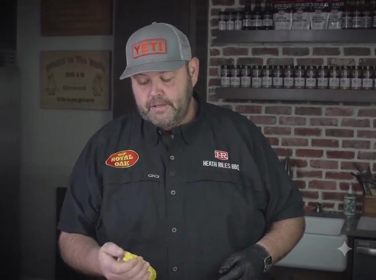 Un chef sosteniendo una botella de mostaza amarilla mientras prepara costillas en una cocina.