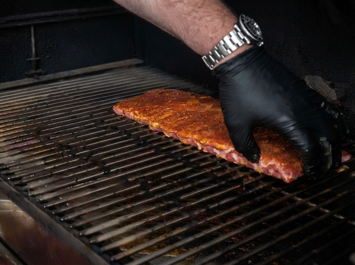 Manos con guantes colocando costillas sazonadas en las rejillas metálicas de un ahumador.