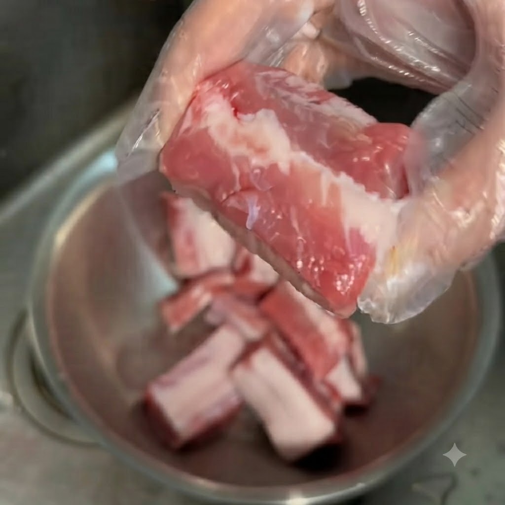 Trozos de costilla de cerdo siendo lavados con harina y agua dentro de un bol de mezcla de acero inoxidable.