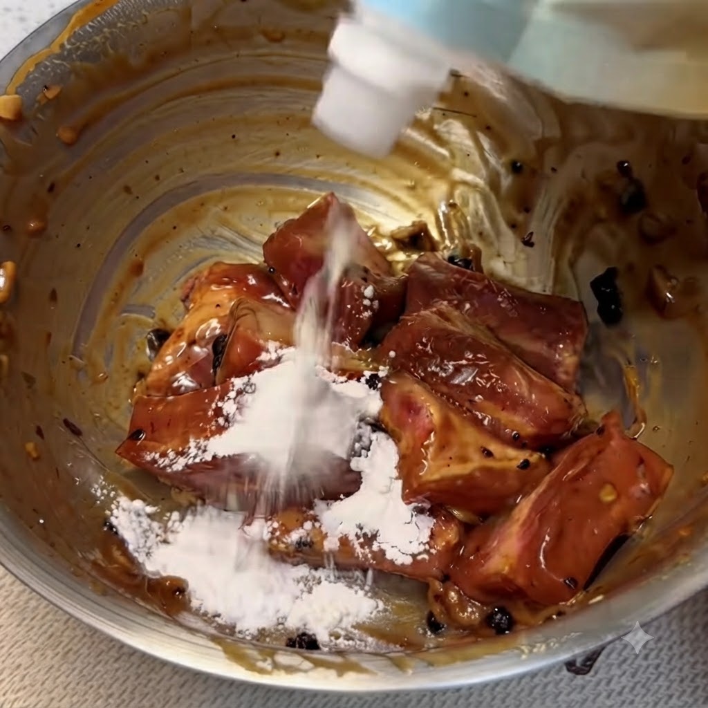Fécula de patata siendo vertida directamente desde una botella exprimible sobre las costillas de cerdo marinadas en un bol de metal.