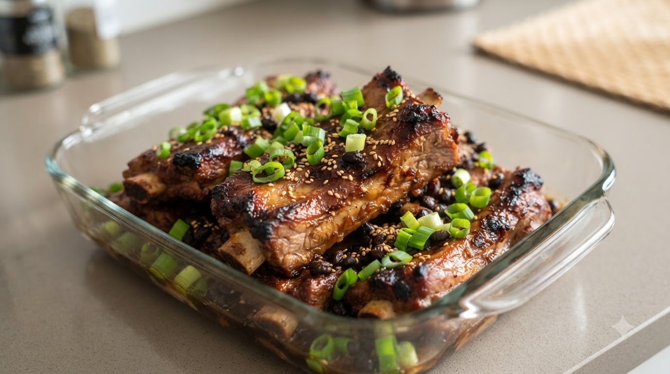Un plato de vidrio con costillas de cerdo al vapor preparadas en microondas, decoradas con cebollino picado y semillas de sésamo tostado