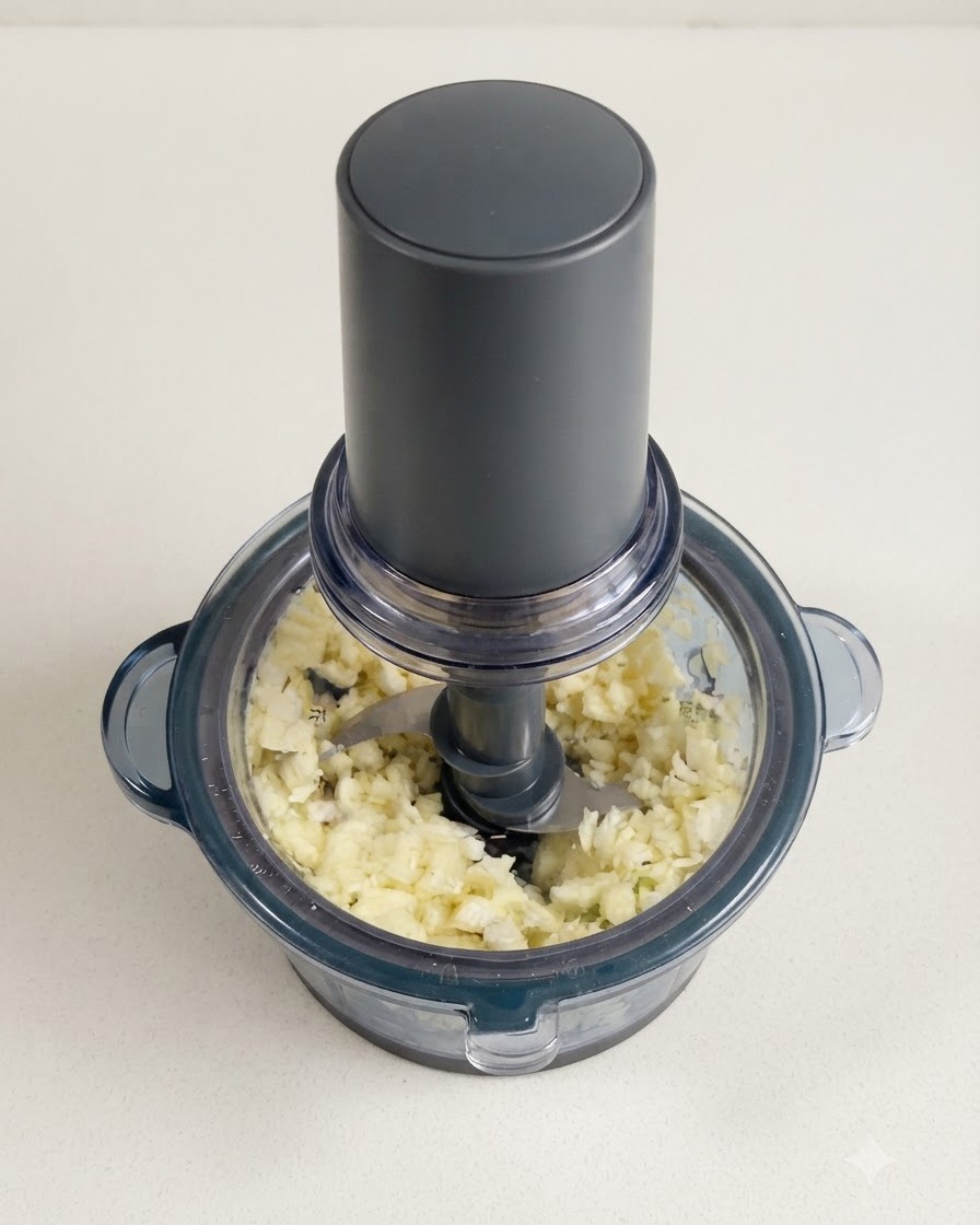 Dientes de ajo pelados procesados hasta obtener un picado fino dentro de un pequeño procesador de alimentos eléctrico.